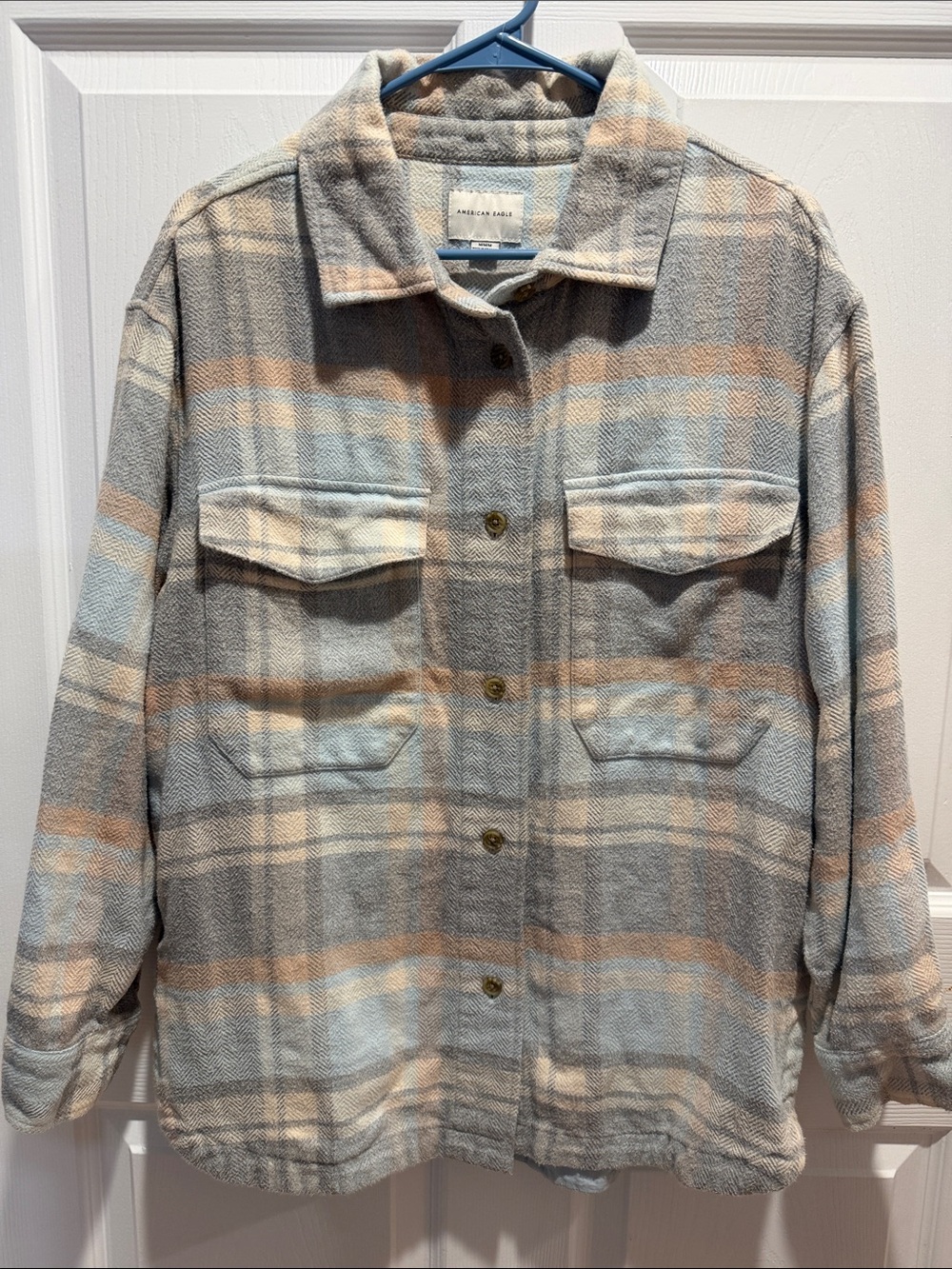 American Eagle Plaid Flannel Shacket-Oversized Gray, Cream & Light Blue-size M